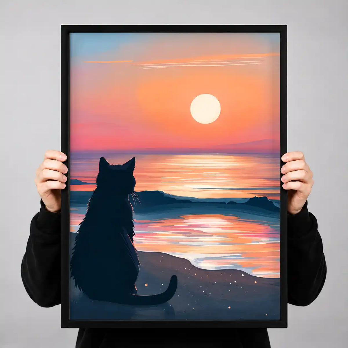 Cat Watching Pink Ocean Sunset Wall Art 3