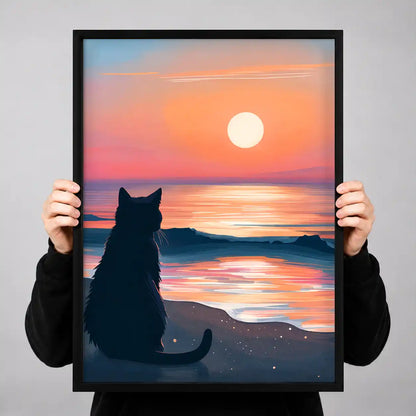 Cat Watching Pink Ocean Sunset Wall Art 3