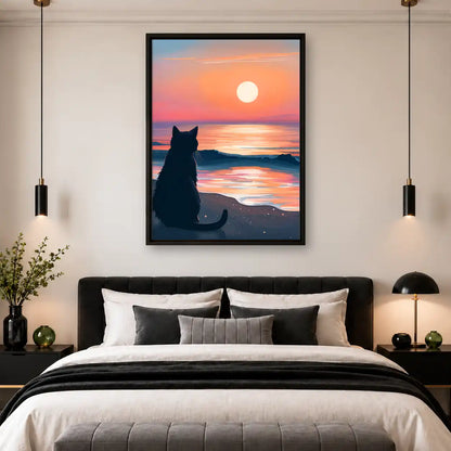 Cat Watching Pink Ocean Sunset Wall Art 4