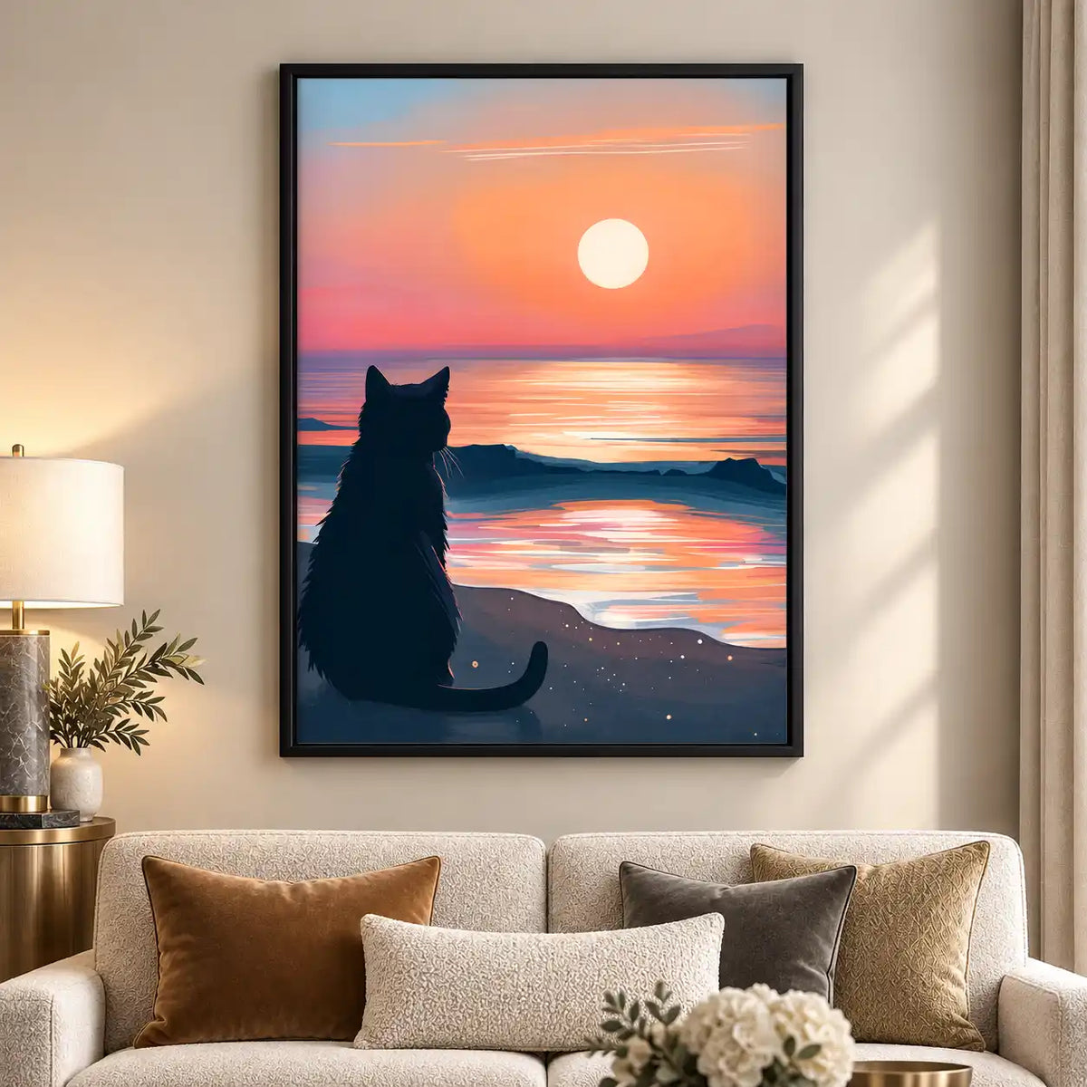 Cat Watching Pink Ocean Sunset Wall Art 5