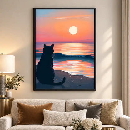 Cat Watching Pink Ocean Sunset Wall Art 5
