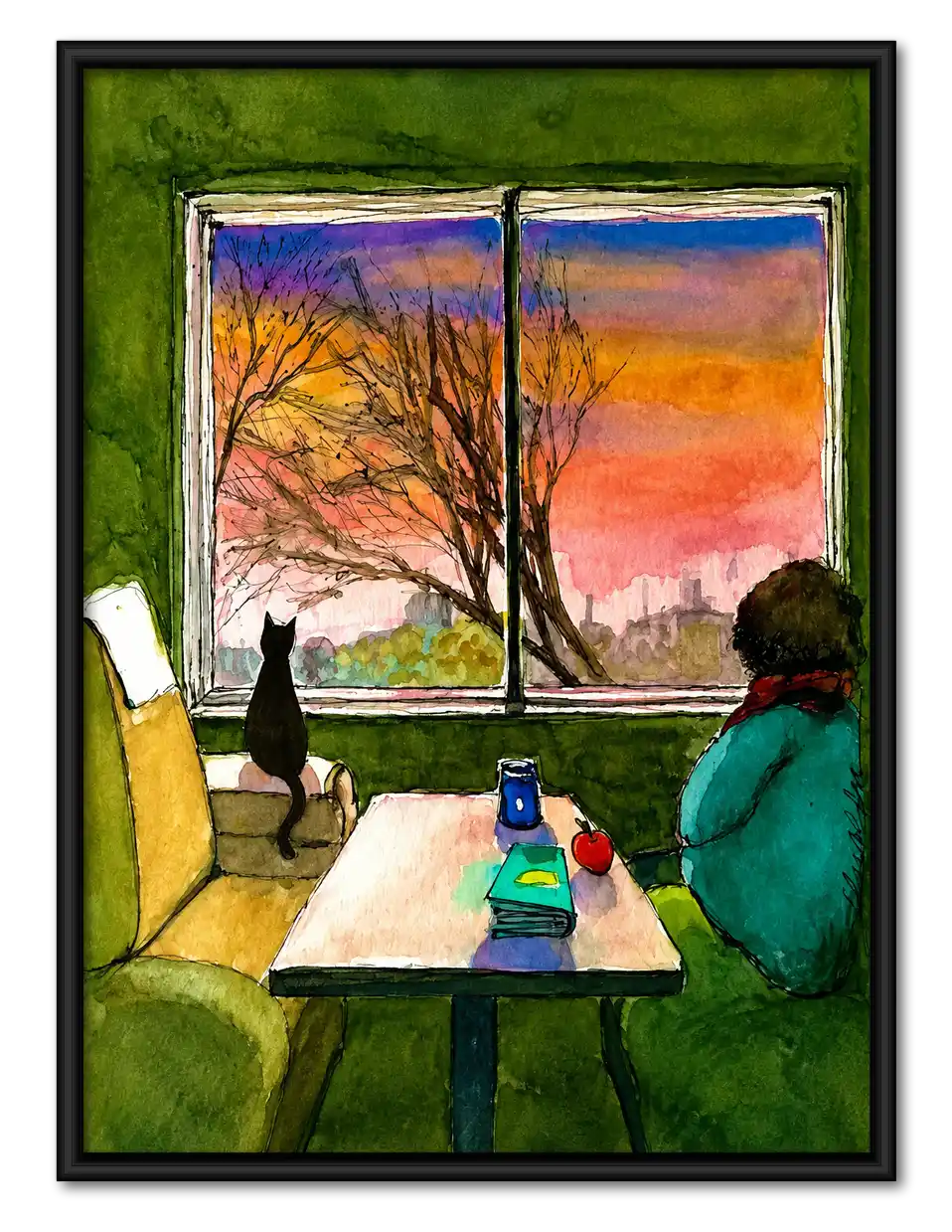 Cat Watching Pink Window Sunset Wall Art 1