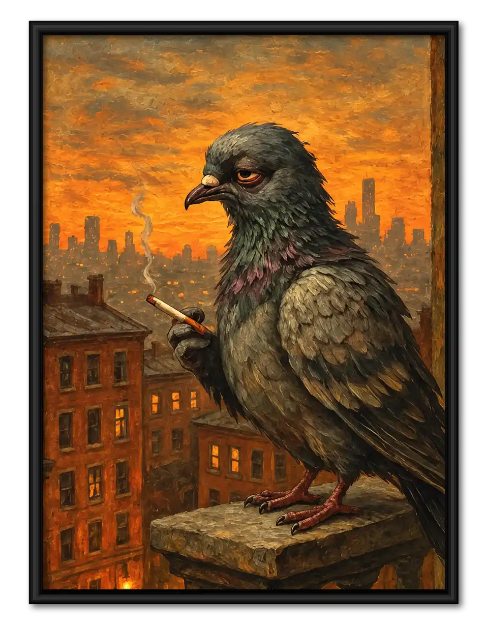City Pigeon Smoking At Sunset Wall Art 1