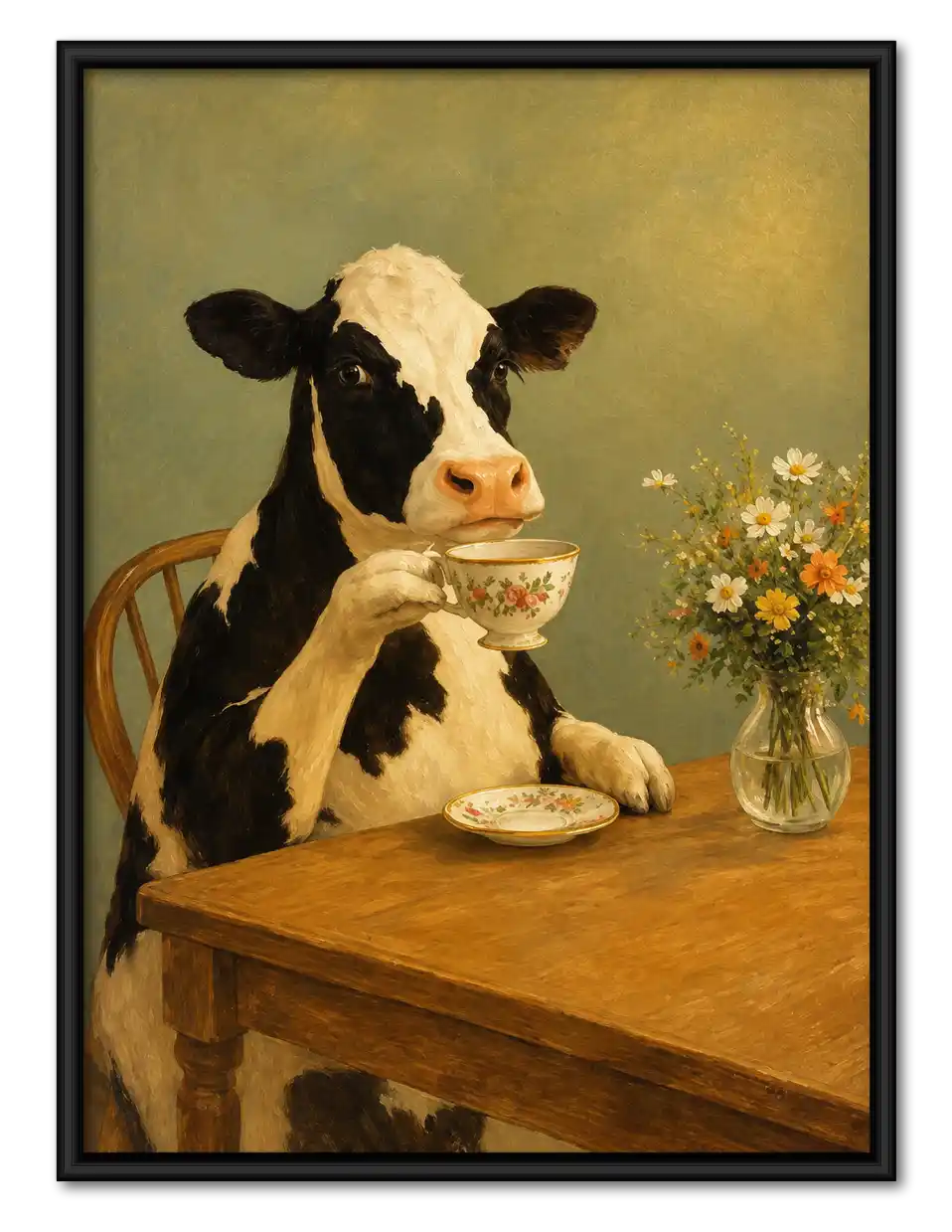 Cow Drinking Tea At Table Wall Art 1
