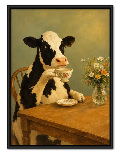 Cow Drinking Tea At Table Wall Art