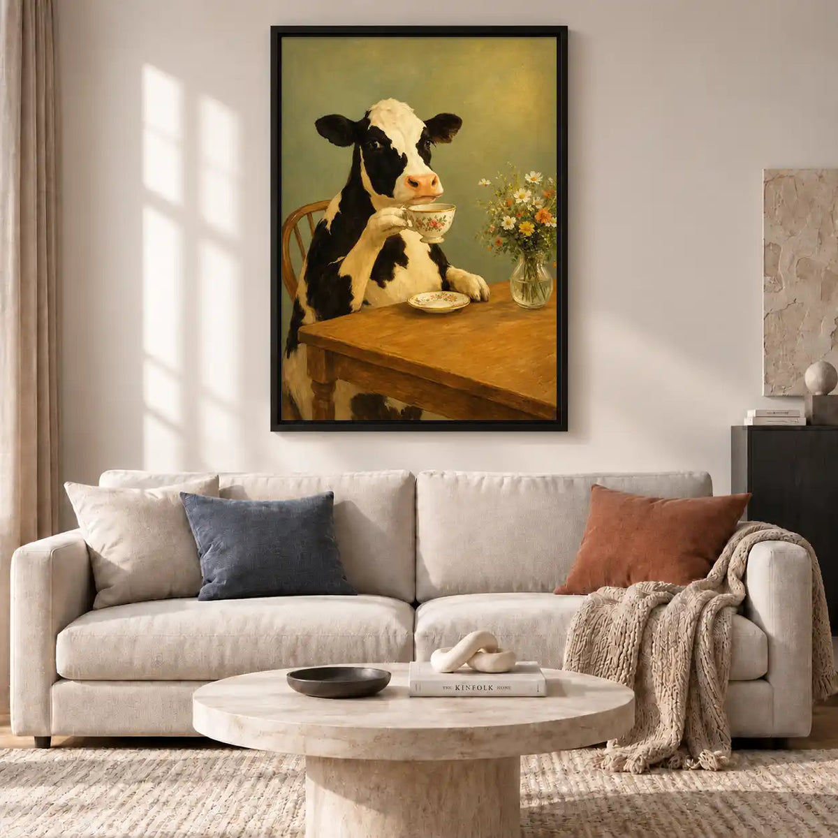 Cow Drinking Tea At Table Wall Art 2