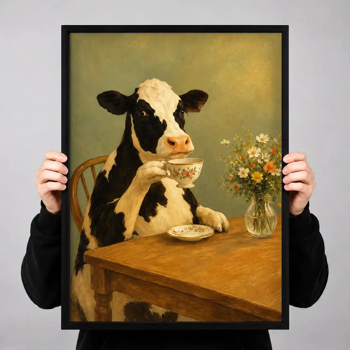 Cow Drinking Tea At Table Wall Art 3