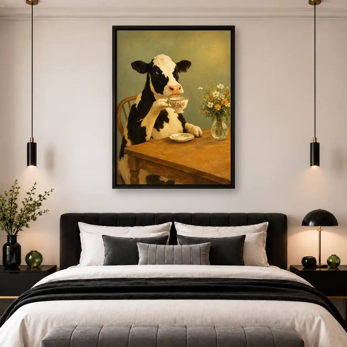 Cow Drinking Tea At Table Wall Art 4