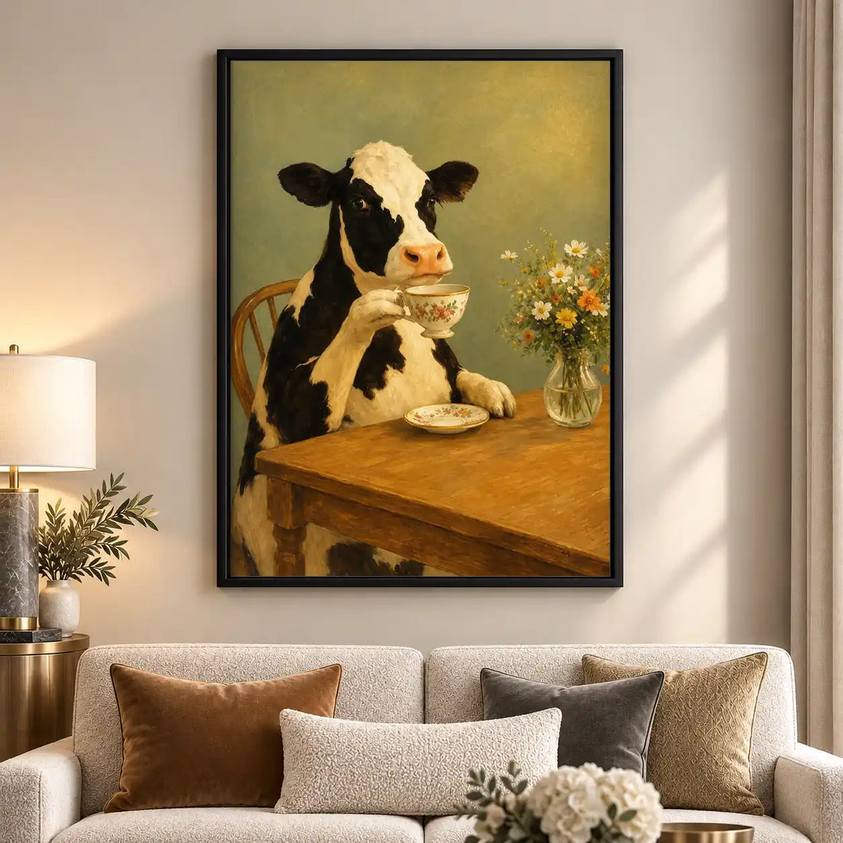 Cow Drinking Tea At Table Wall Art 5