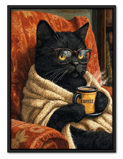 Cozy Black Cat With Coffee Wall Art