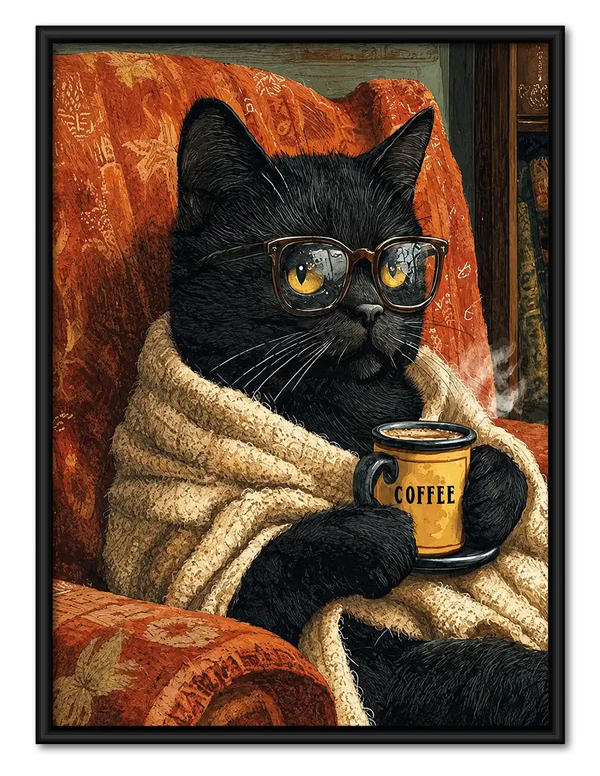Cozy Black Cat With Coffee Wall Art