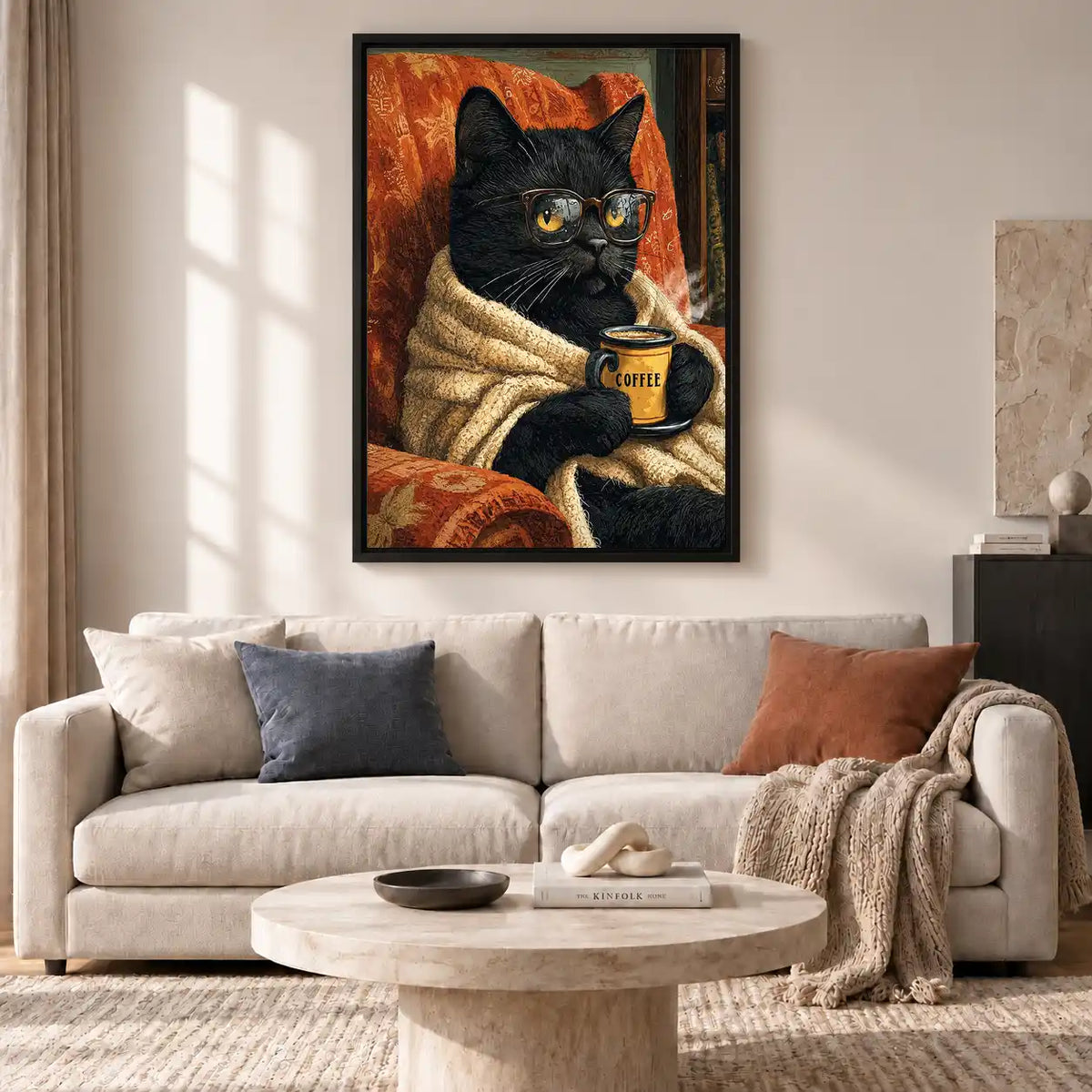 Cozy Black Cat With Coffee Wall Art 2