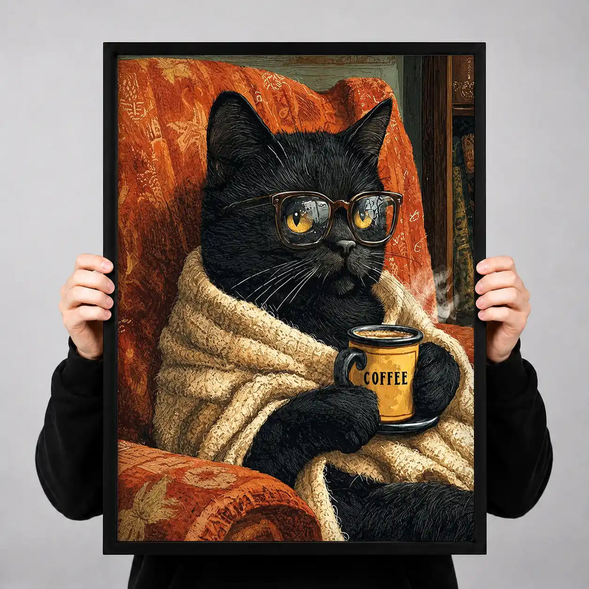 Cozy Black Cat With Coffee Wall Art 3