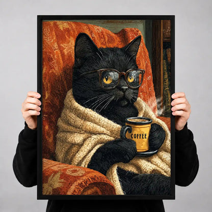 Cozy Black Cat With Coffee Wall Art 3