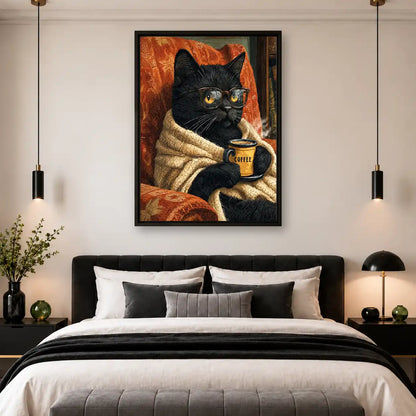 Cozy Black Cat With Coffee Wall Art 4