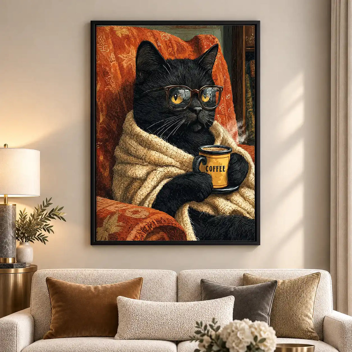 Cozy Black Cat With Coffee Wall Art 5