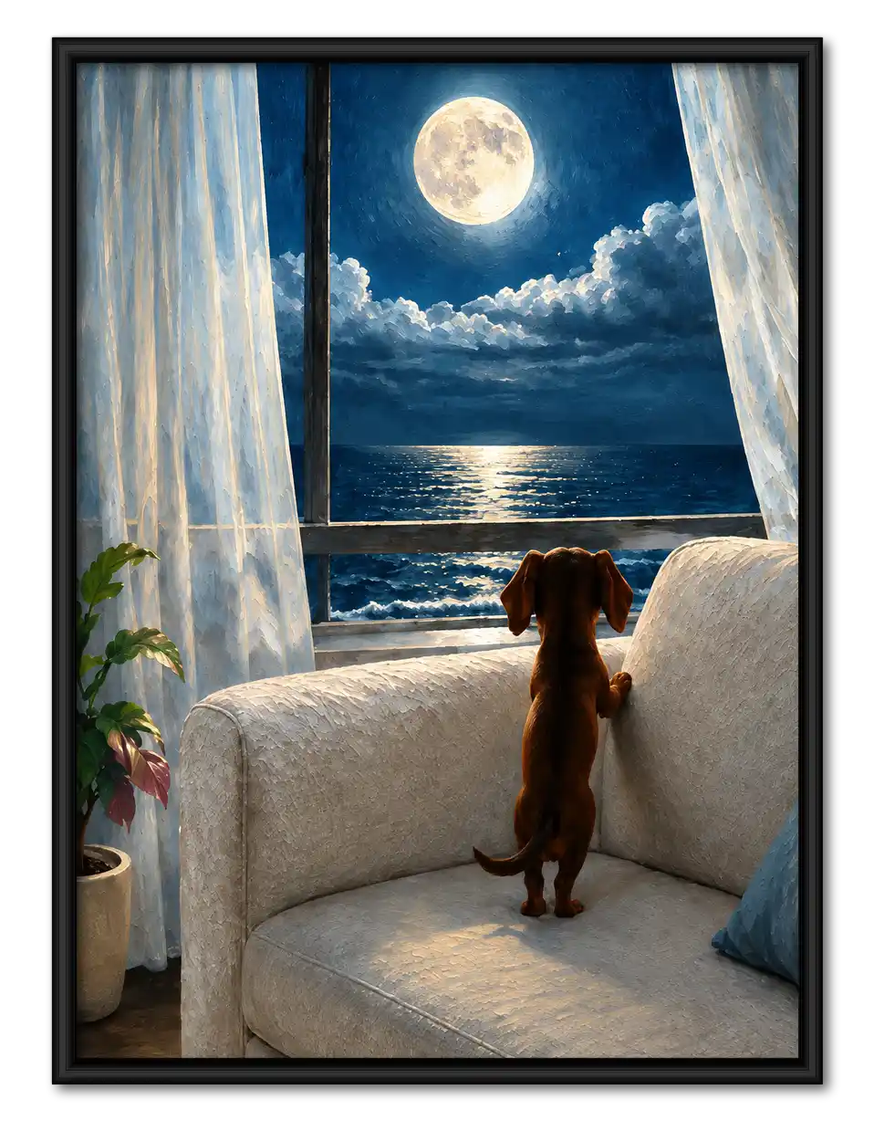 Dachshund Watching Moonlit Ocean Wall Art 1