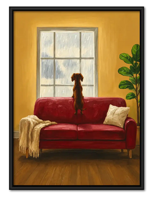 Dachshund Watching Rain From Sofa Wall Art