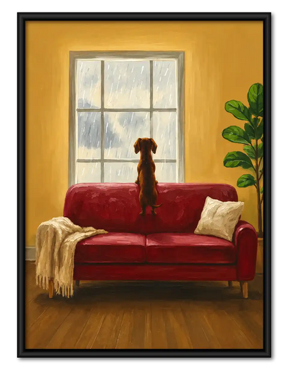 Dachshund Watching Rain From Sofa Wall Art