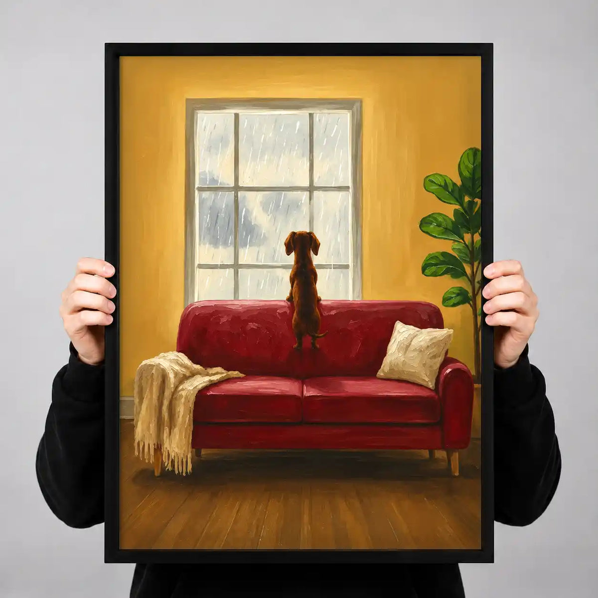 Dachshund Watching Rain From Sofa Wall Art 3