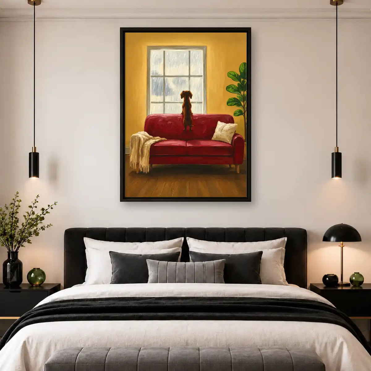Dachshund Watching Rain From Sofa Wall Art 4