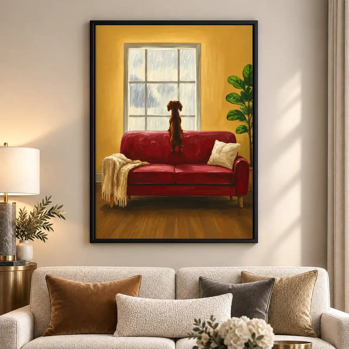 Dachshund Watching Rain From Sofa Wall Art 5
