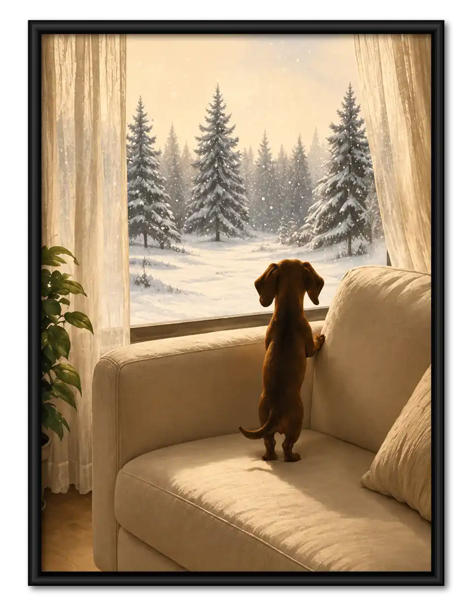 Dachshund Watching Snowy Forest Wall Art 1