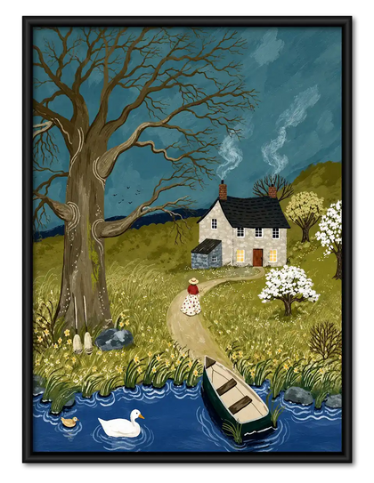 English Cottage Beside Stream Wall Art