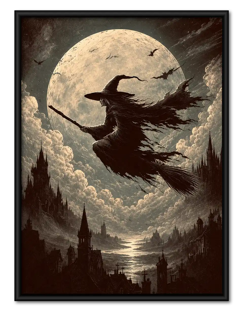 Flying Witch Against Giant Moon Wall Art 1
