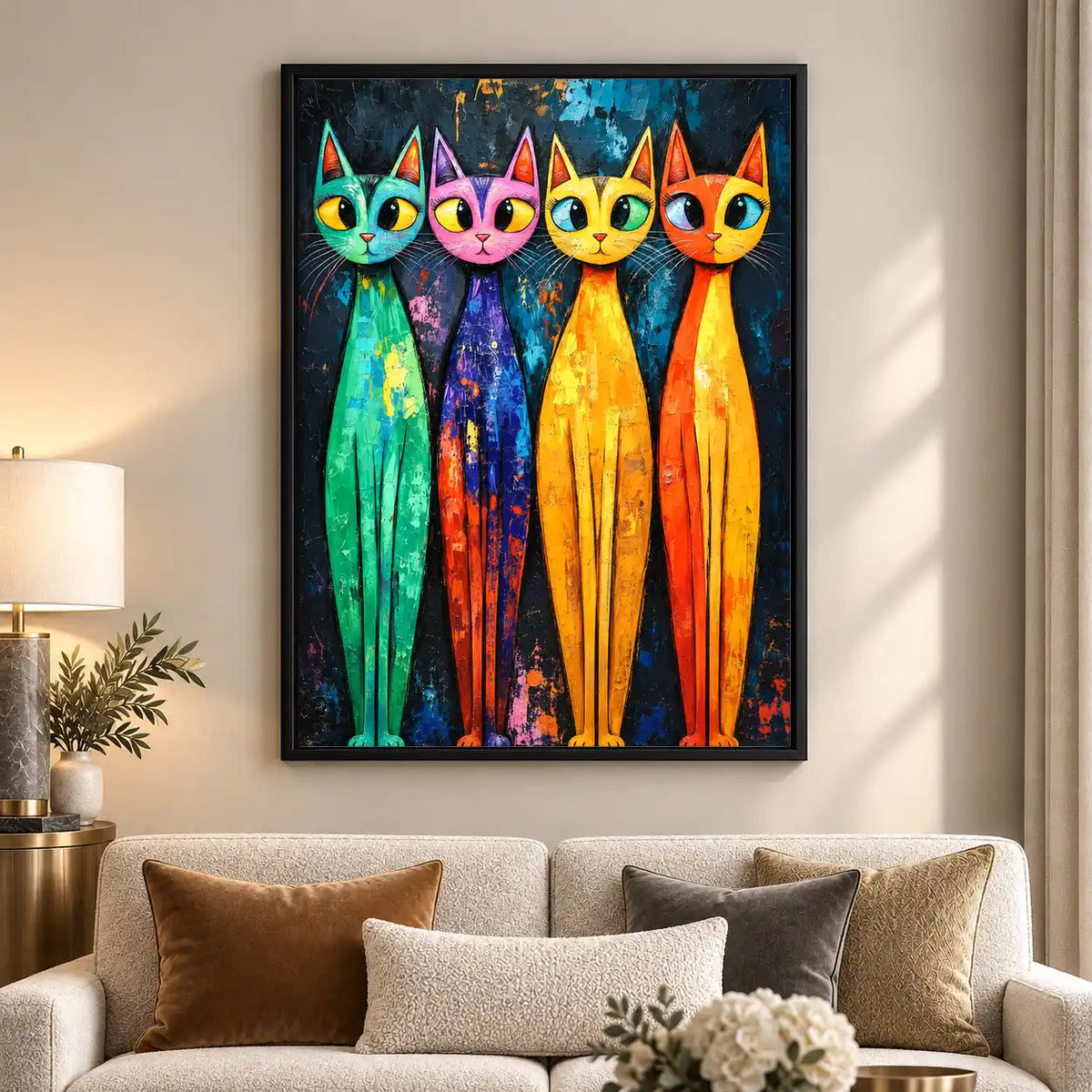 Four Tall Colorful Cats Wall Art 5