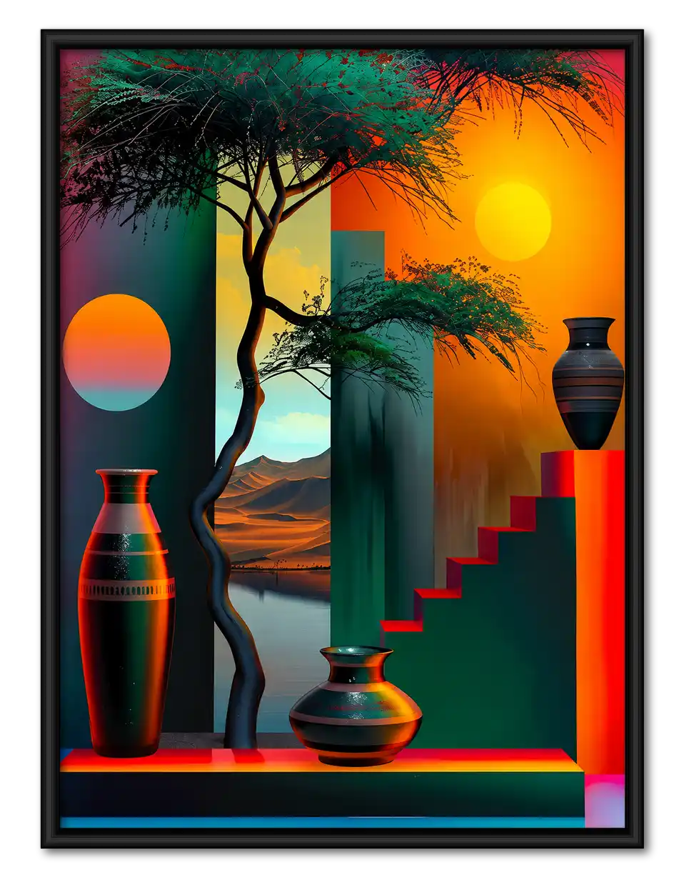 Geometric Sunset With Bonsai Wall Art 1