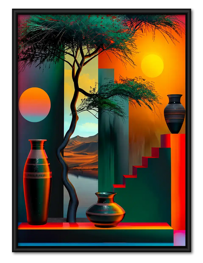 Geometric Sunset With Bonsai Wall Art