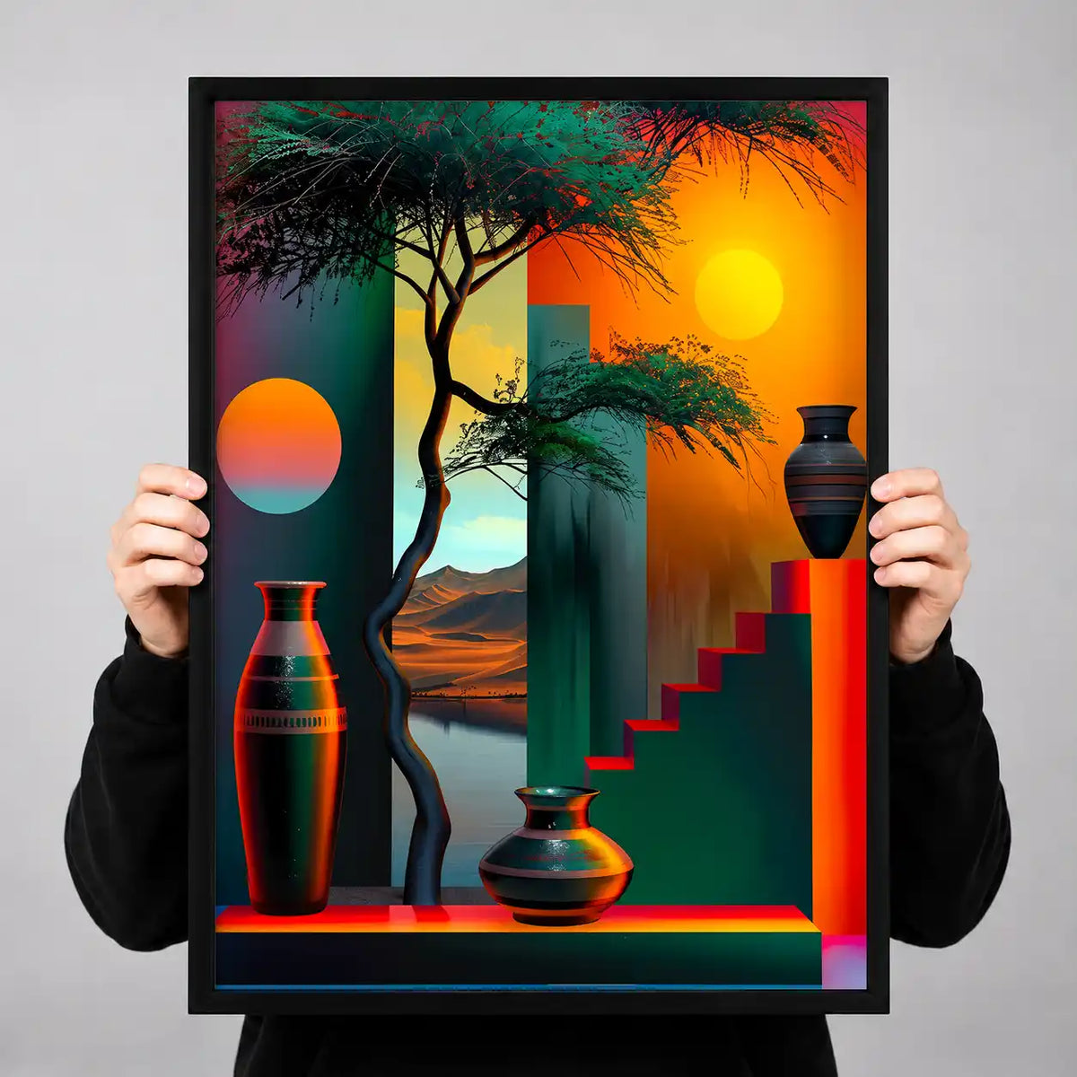 Geometric Sunset With Bonsai Wall Art 3
