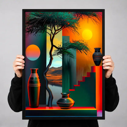 Geometric Sunset With Bonsai Wall Art 3
