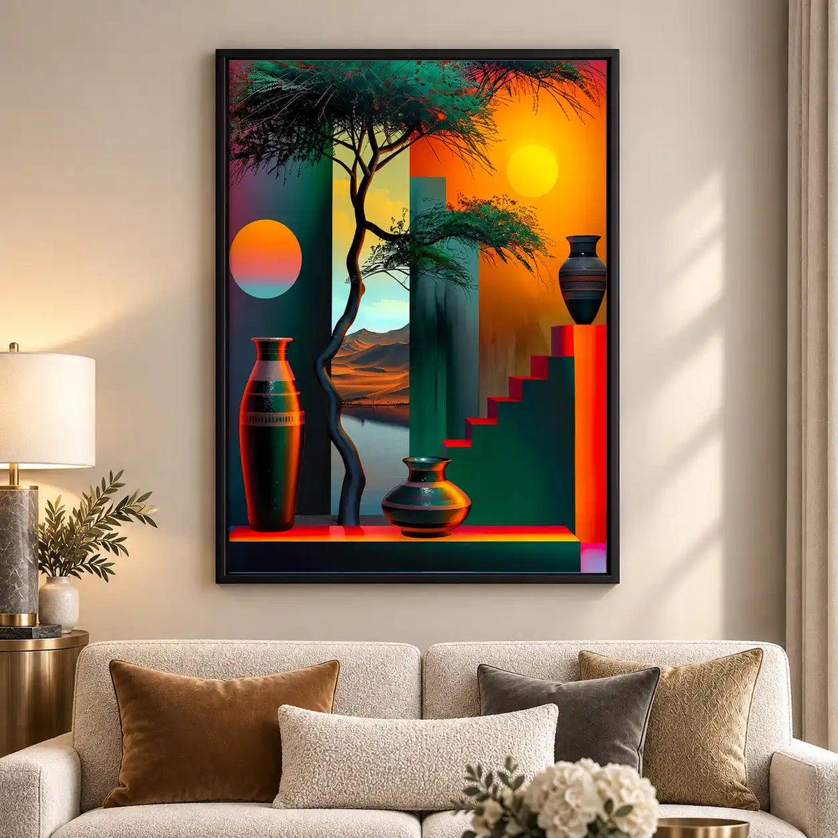 Geometric Sunset With Bonsai Wall Art 5