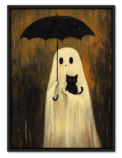 Ghost Holding Cat Under Umbrella Wall Art