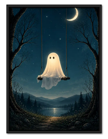 Ghost Swinging Under Crescent Moon Wall Art 1