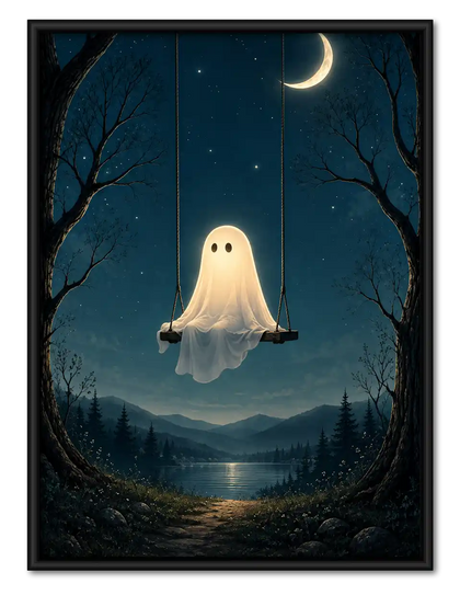 Ghost Swinging Under Crescent Moon Wall Art