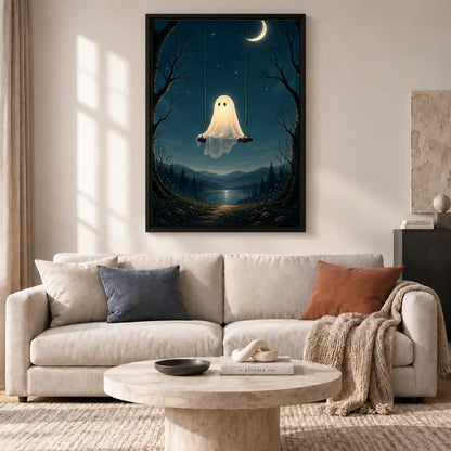 Ghost Swinging Under Crescent Moon Wall Art 2