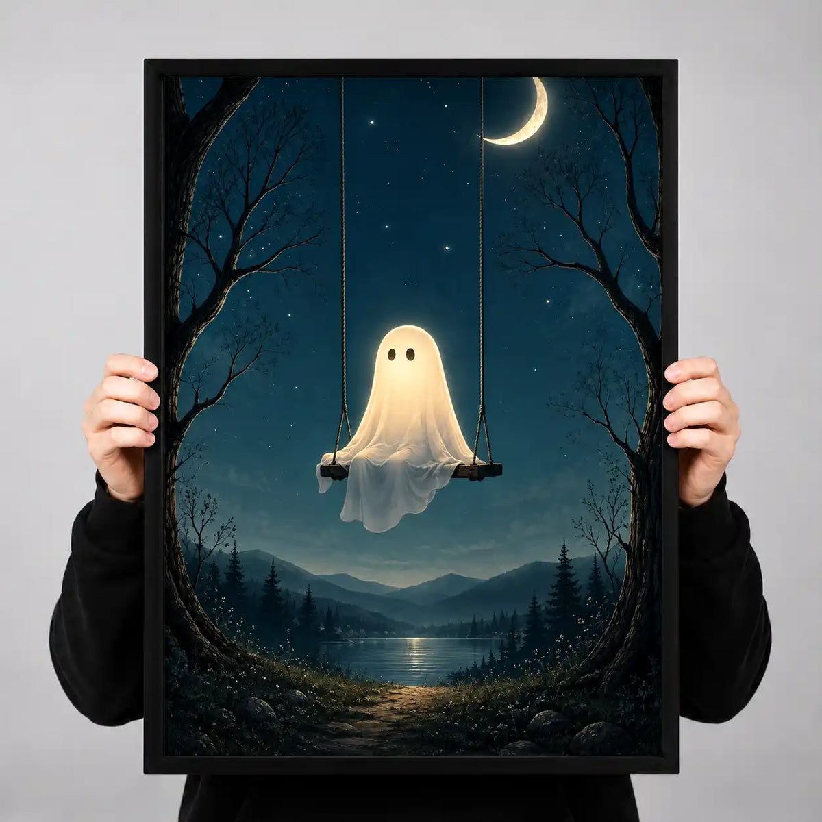 Ghost Swinging Under Crescent Moon Wall Art 3