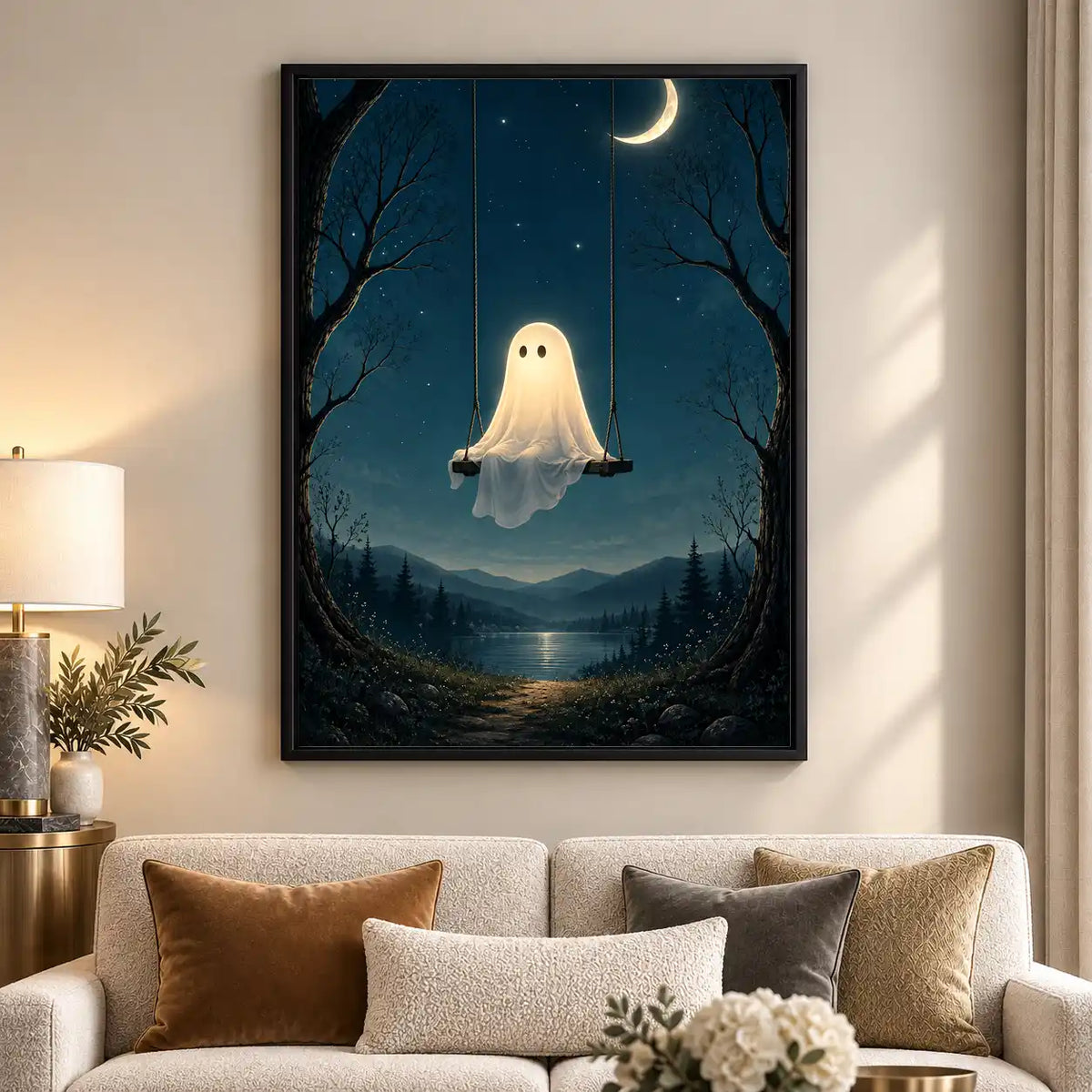 Ghost Swinging Under Crescent Moon Wall Art 5