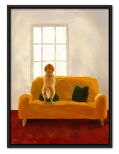 Golden Retriever At Yellow Sofa Window Wall Art 1