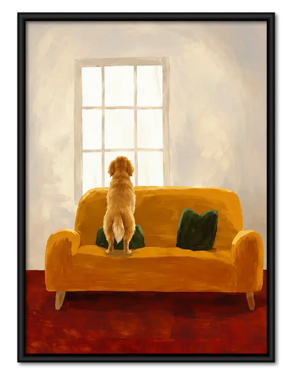 Golden Retriever At Yellow Sofa Window Wall Art