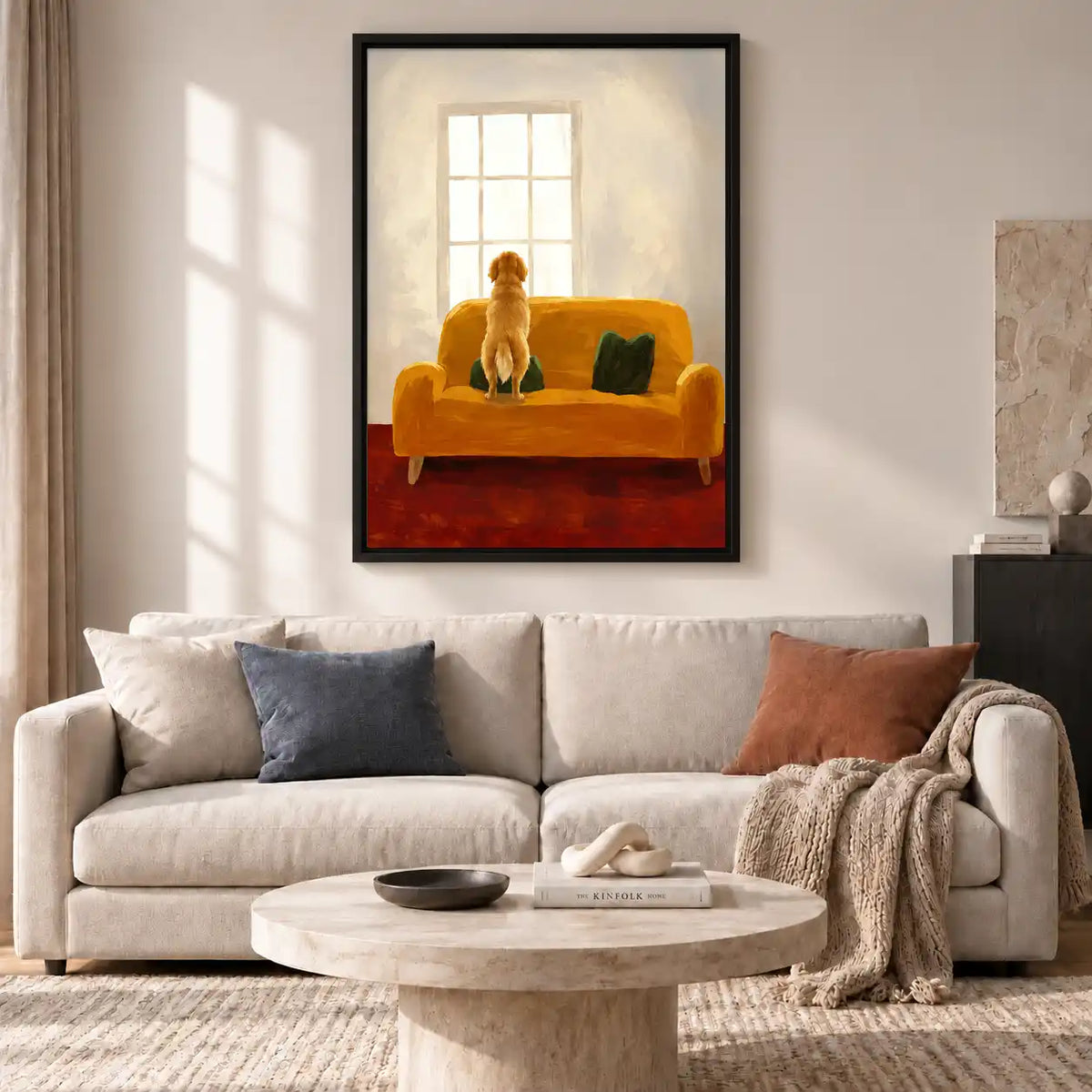 Golden Retriever At Yellow Sofa Window Wall Art 2