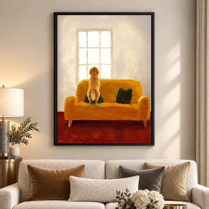 Golden Retriever At Yellow Sofa Window Wall Art 5