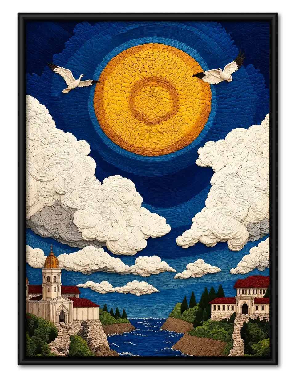 Golden Sun Over Coastal Village Wall Art 1