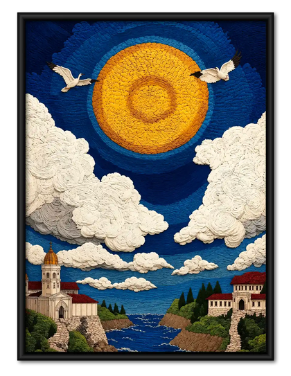 Golden Sun Over Coastal Village Wall Art