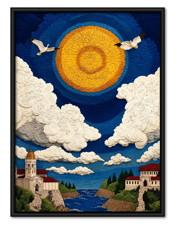 Golden Sun Over Coastal Village Wall Art