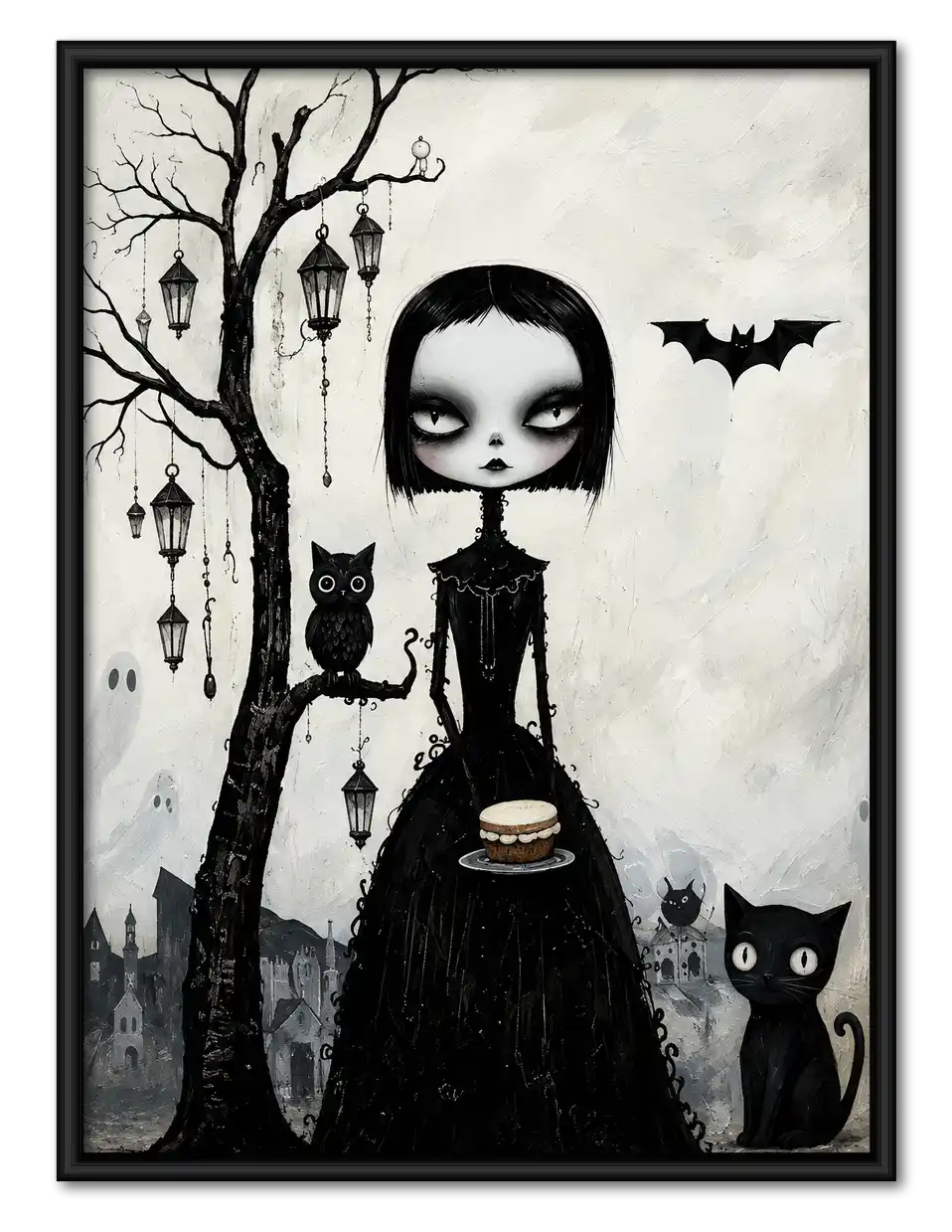 Gothic Girl With Black Cats Wall Art 1