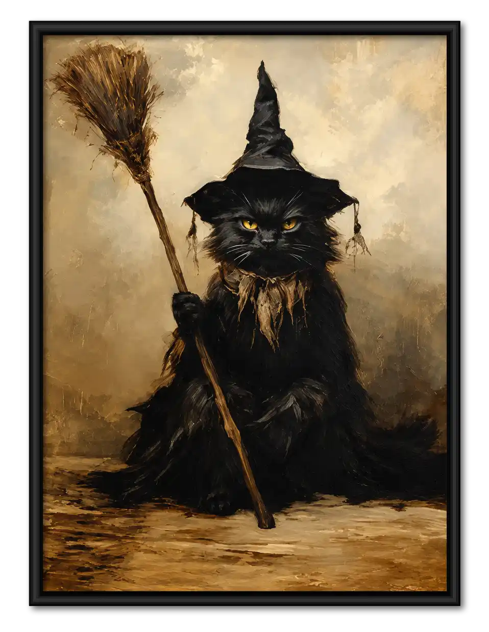 Gothic Witch Cat With Broom Wall Art 1